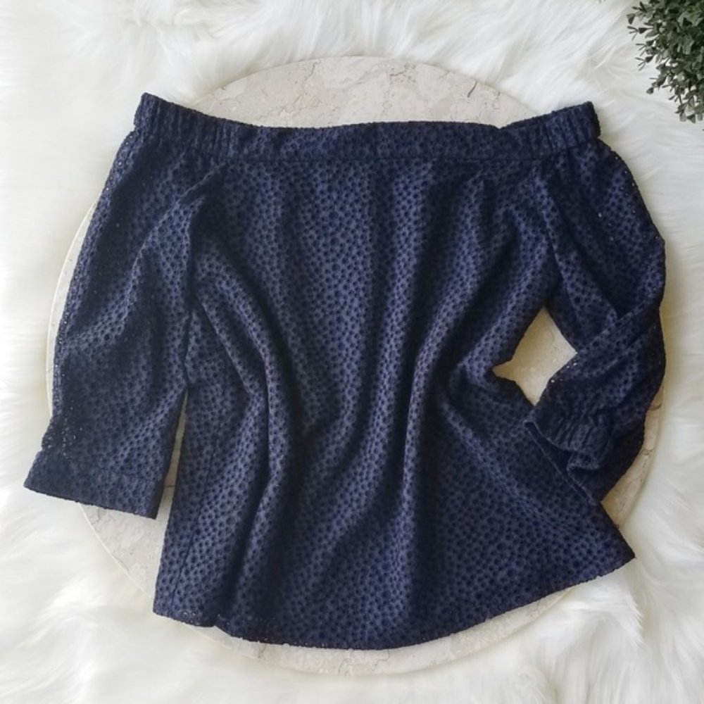 Tibi Navy Diffusion Eyelet Off Shoulder Top 8 NWOT